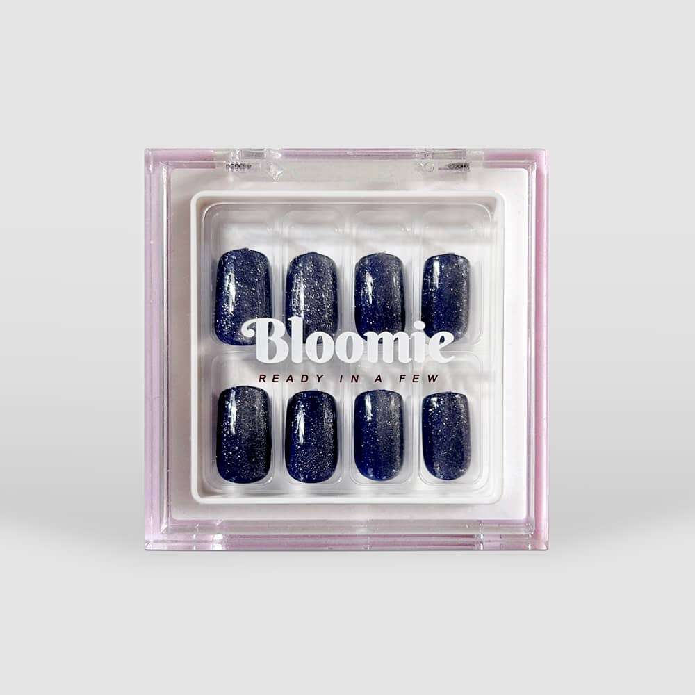 blue cateye nails press ons in short length with square shape