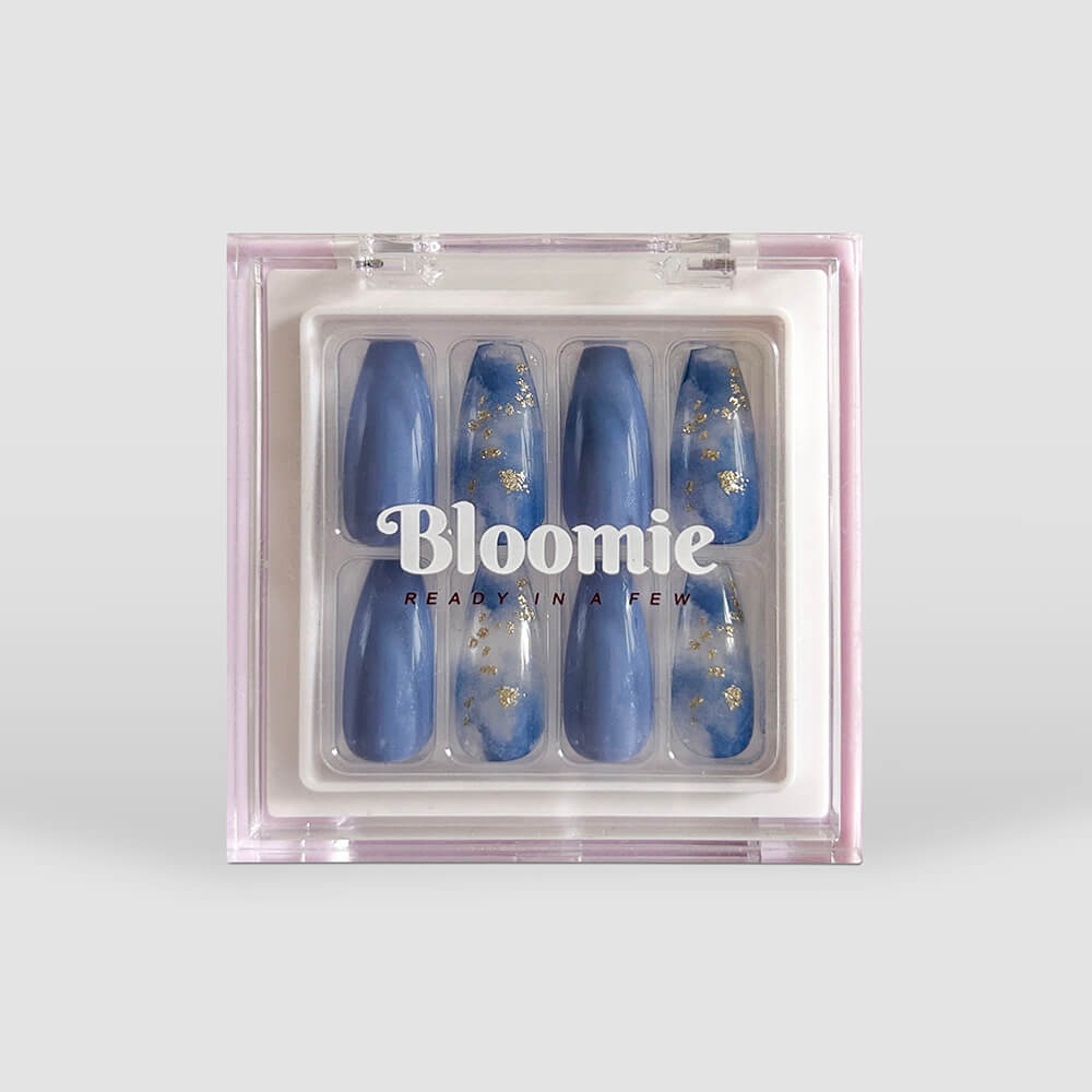 blue cloud themed press on nails coffin shape medium length