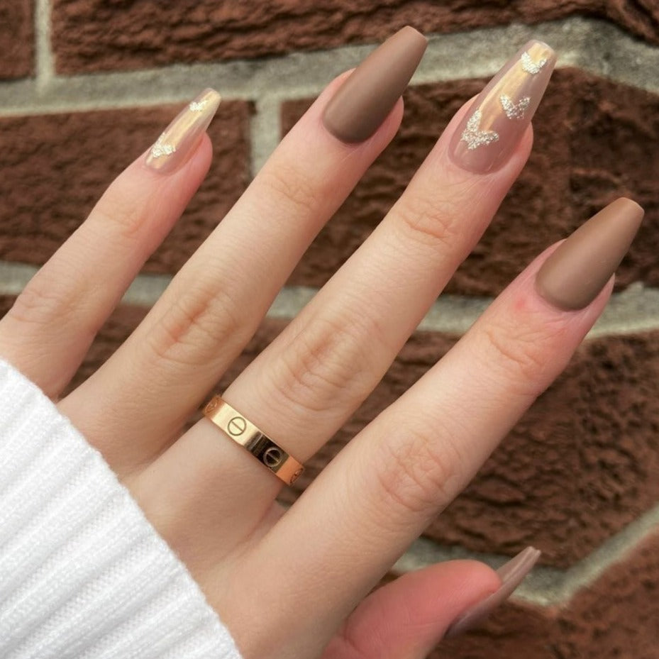 brown butterfly press on nails coffin shape medium length