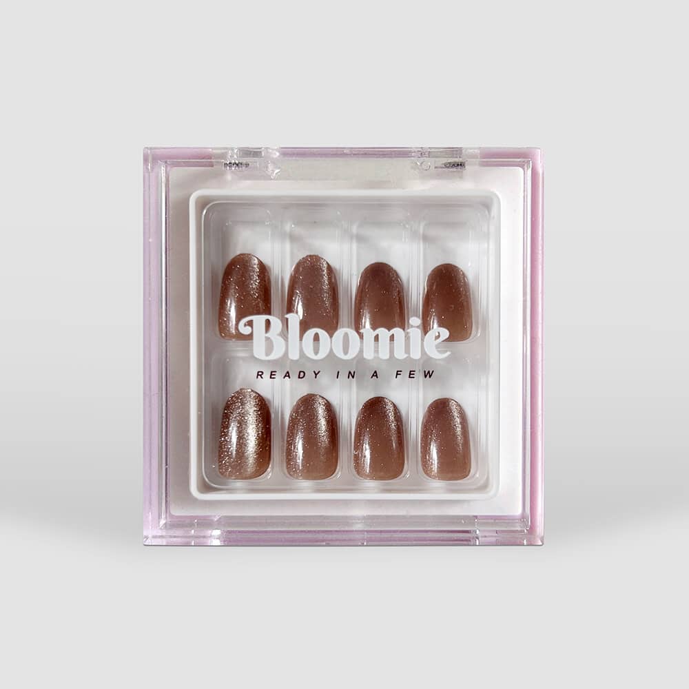 short round chocolate brown press on nails with glitter finish