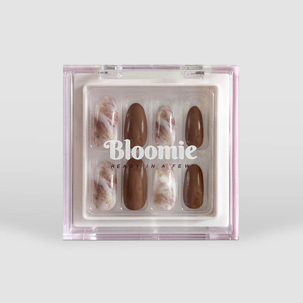 medium length almond shaped brown marble press on nail set