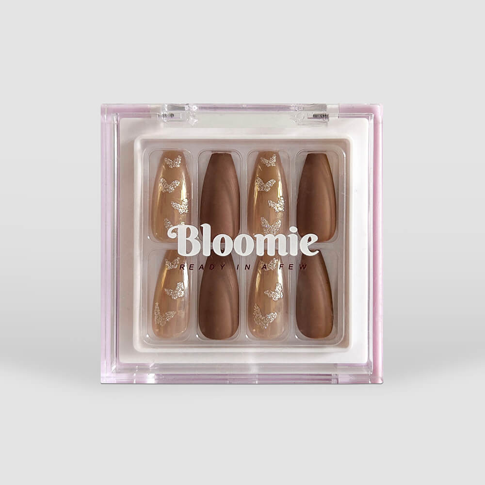brown press on nails with gold glitter coffin shape medium length