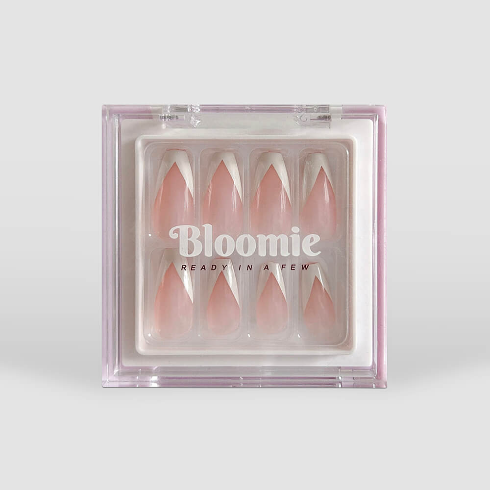 modern french tip press on nails white v medium length coffin shape