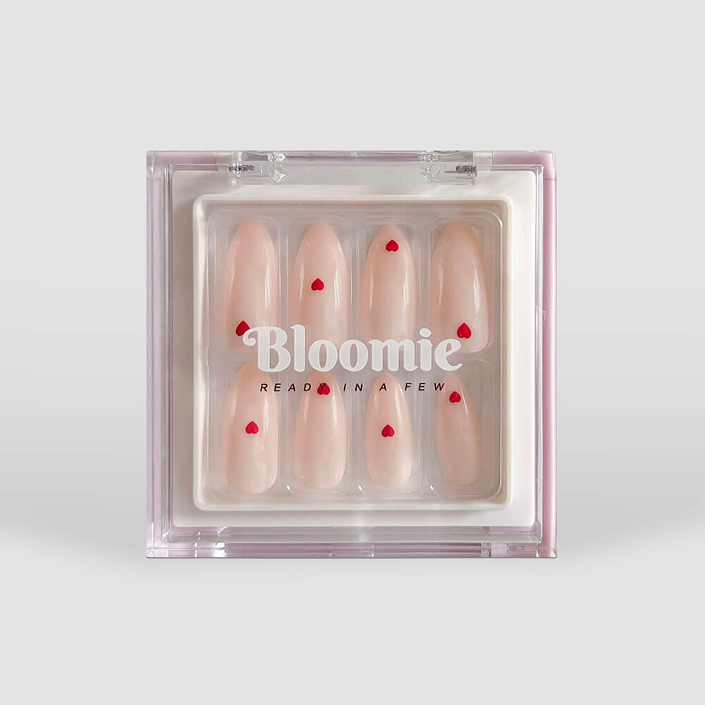 pink nails with red hearts press on nails medium length almond shape