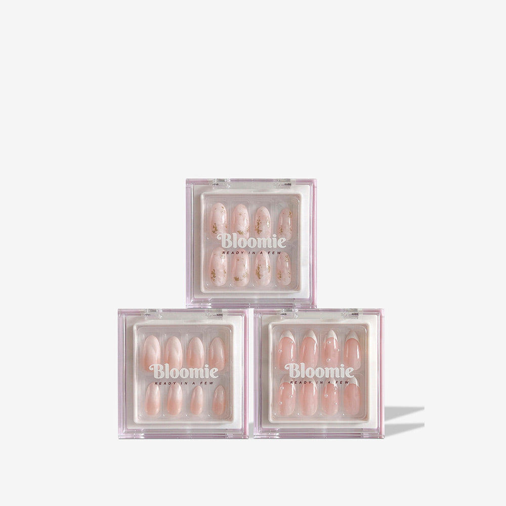 pink coloured press on nail set of 3 from bloomie beauty