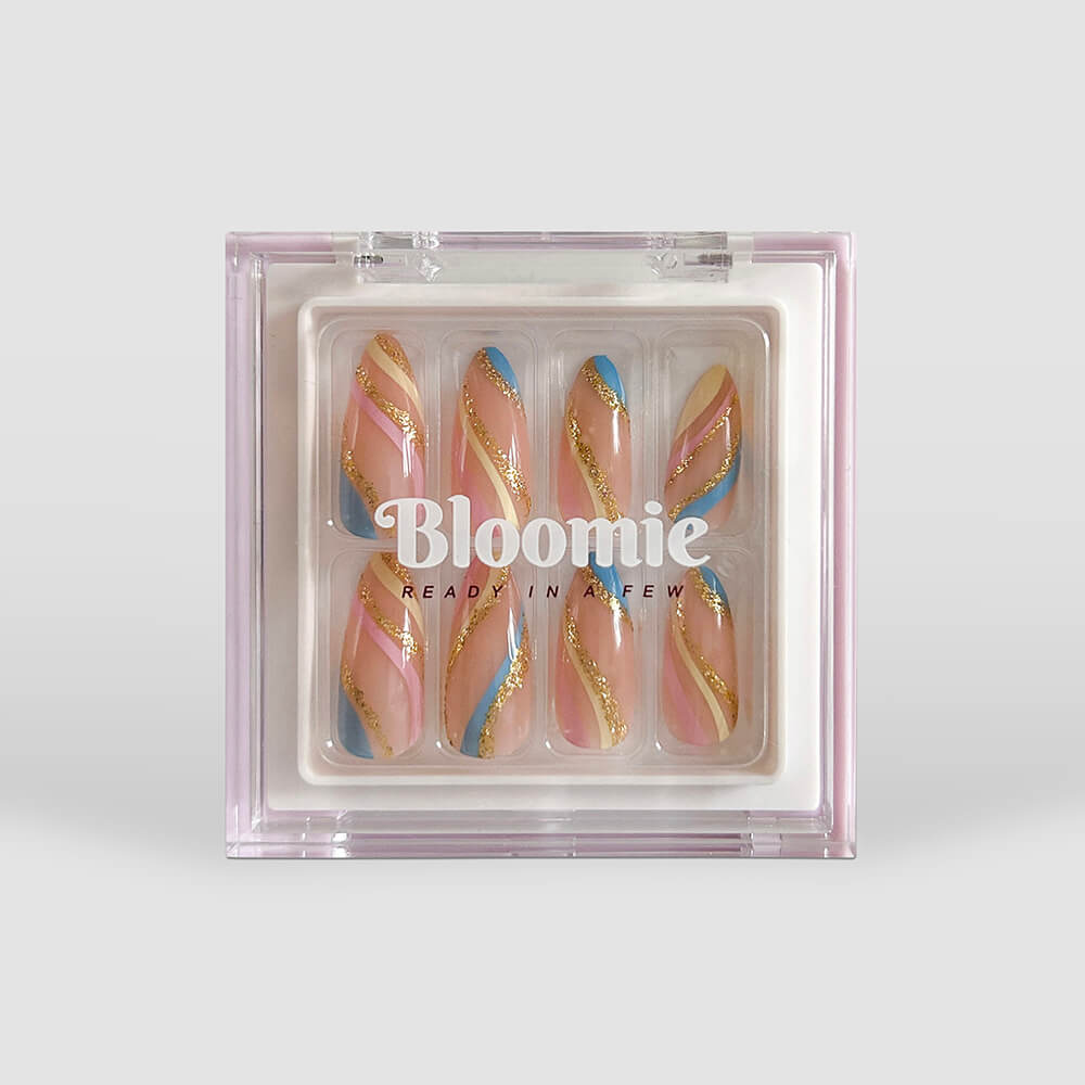 unicorn theme press on nails with glitter finish almond shape medium length